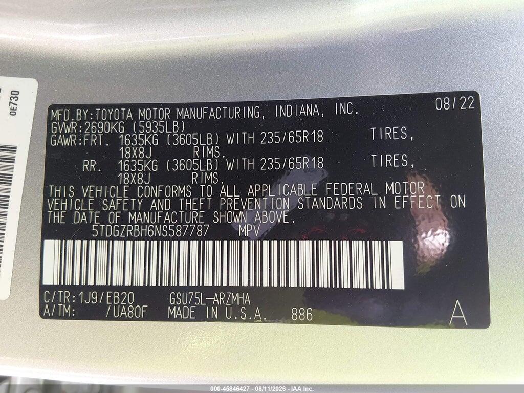 5TDGZRBH6NS587787 2022 TOYOTA HIGHLANDER photo no. 9
