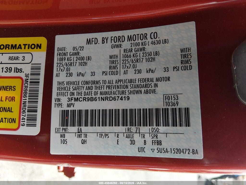 3FMCR9B61NRD67419 2022 FORD BRONCO SPORT photo no. 9