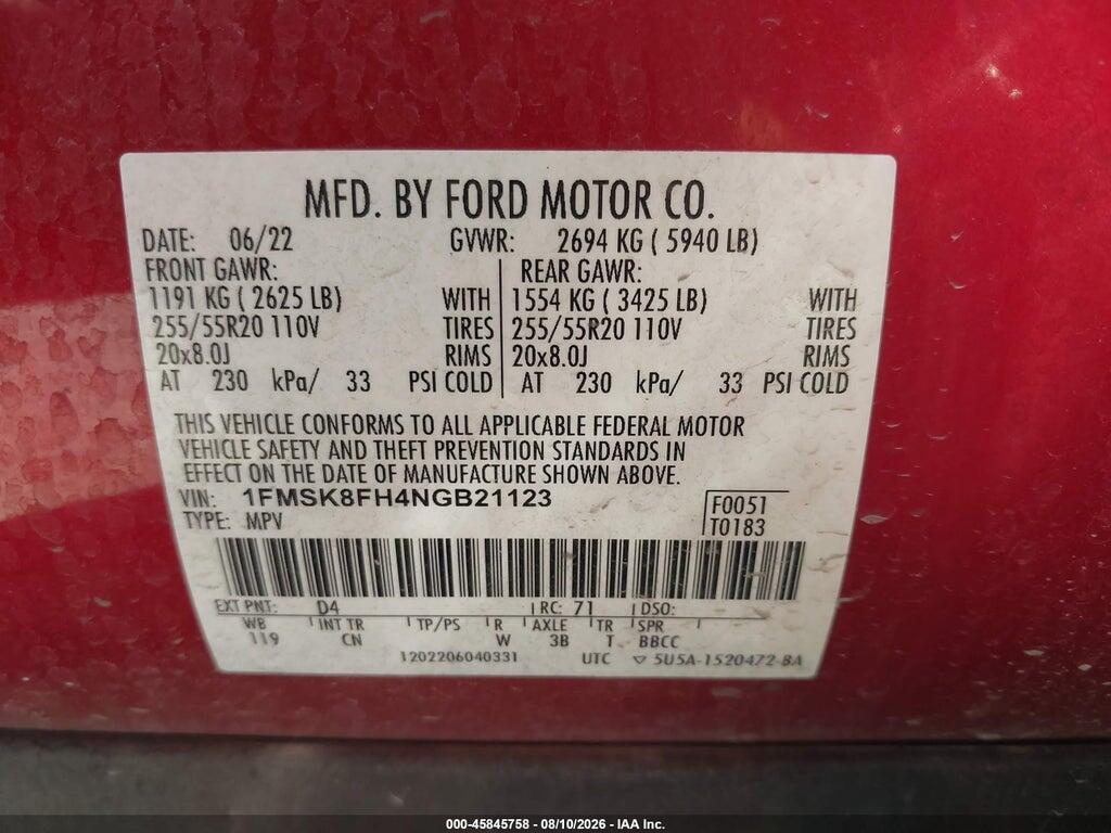 1FMSK8FH4NGB21123 2022 FORD EXPLORER photo no. 9