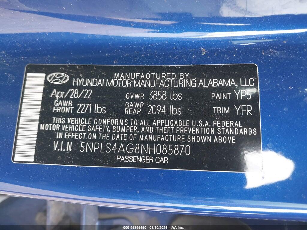5NPLS4AG8NH085870 2022 HYUNDAI ELANTRA photo no. 9