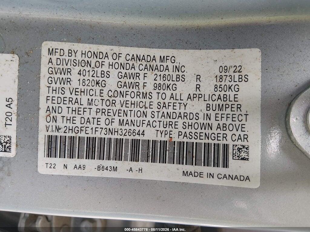 2HGFE1F73NH326644 2022 HONDA CIVIC photo no. 9