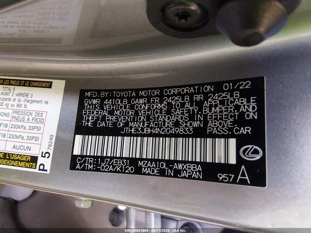 JTHE3JBH4N2049833 2022 LEXUS UX 200 photo no. 9