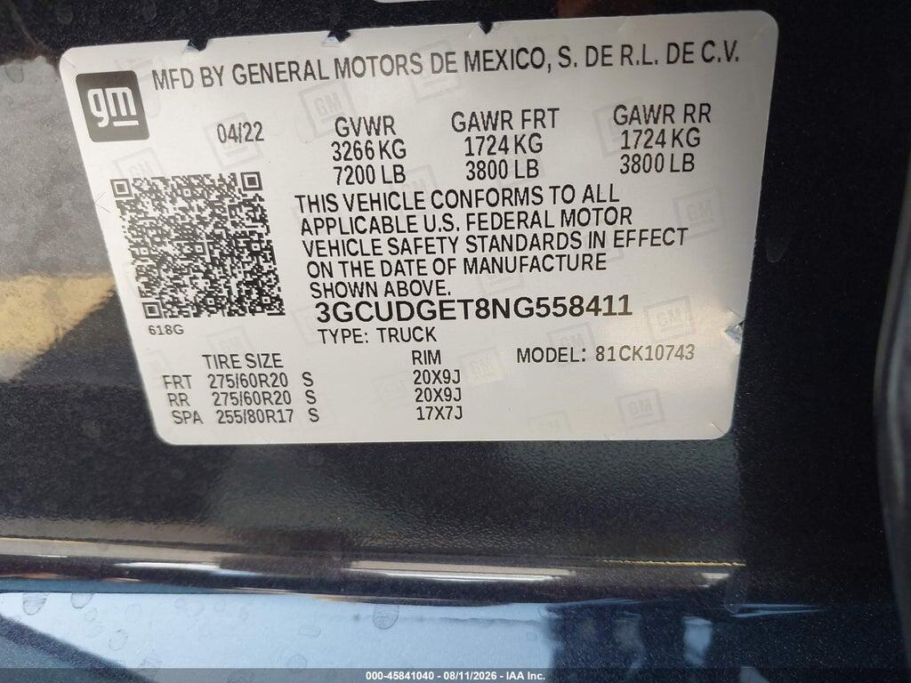 3GCUDGET8NG558411 2022 CHEVROLET SILVERADO 1500 photo no. 9