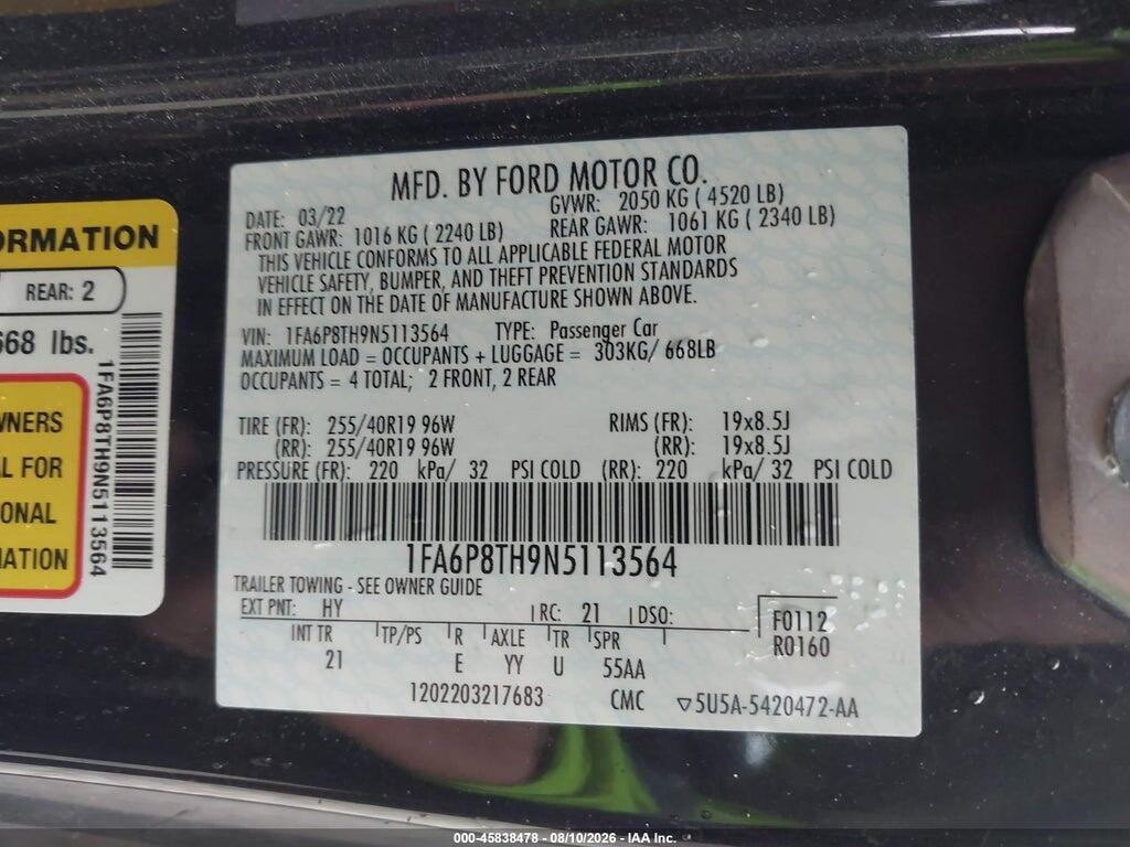 1FA6P8TH9N5113564 2022 FORD MUSTANG photo no. 9