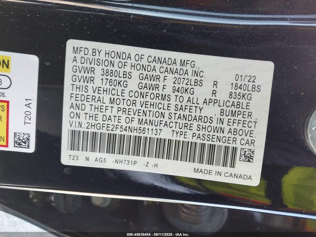2HGFE2F54NH561137 2022 HONDA CIVIC photo no. 9