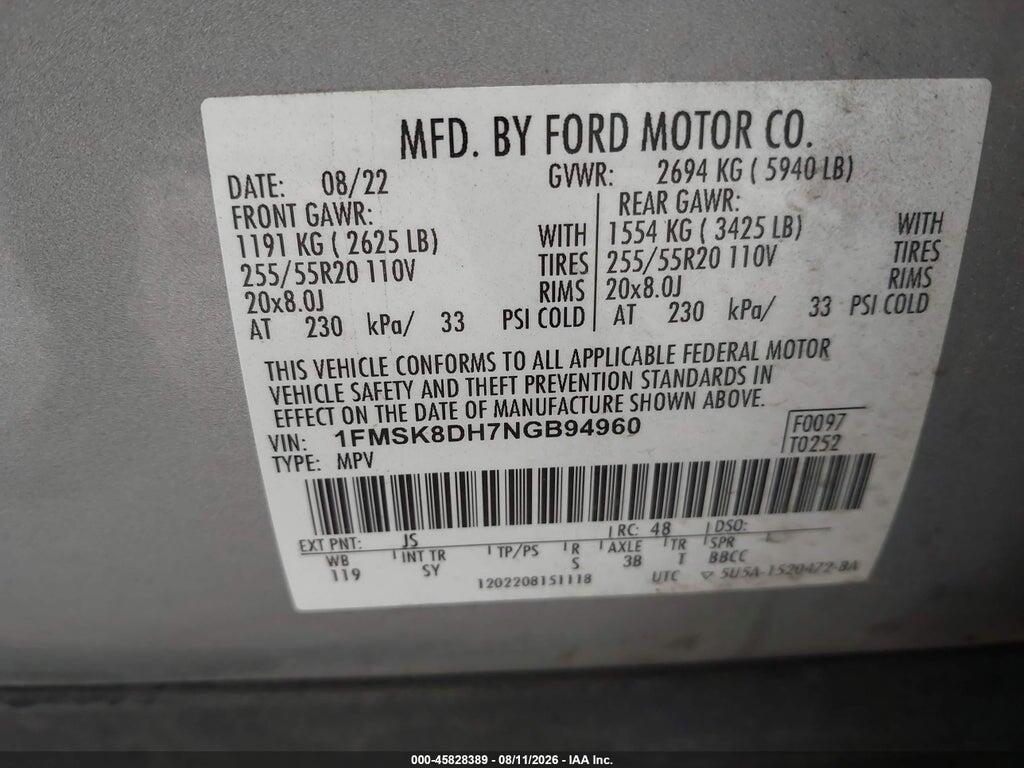 1FMSK8DH7NGB94960 2022 FORD EXPLORER photo no. 9