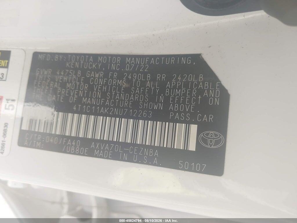 4T1C11AK2NU712263 2022 TOYOTA CAMRY photo no. 9