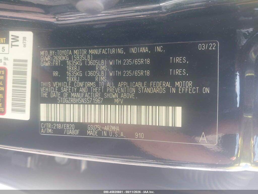 5TDGZRBH5NS571967 2022 TOYOTA HIGHLANDER photo no. 9