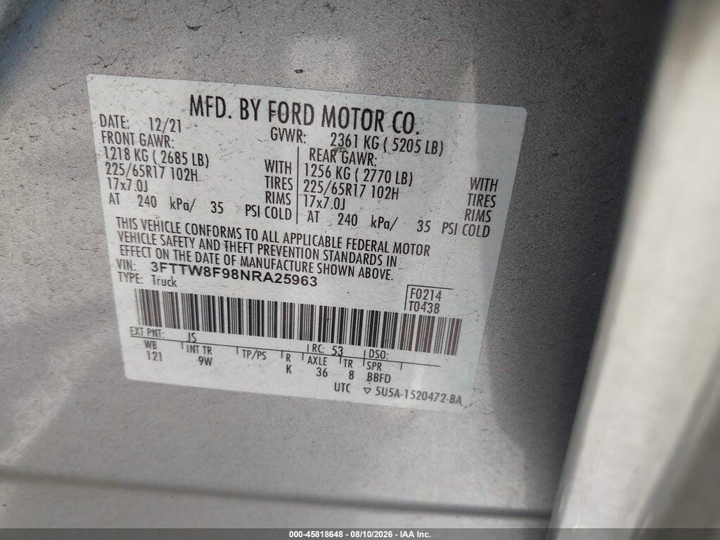 3FTTW8F98NRA25963 2022 FORD MAVERICK photo no. 9