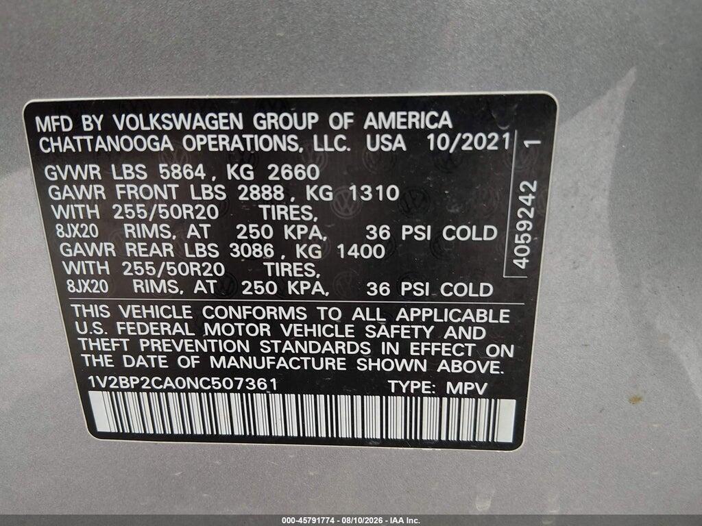 1V2BP2CA0NC507361 2022 VOLKSWAGEN ATLAS photo no. 9