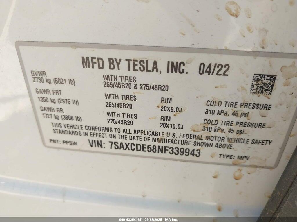 7SAXCDE58NF339943 2022 TESLA MODEL X photo no. 9