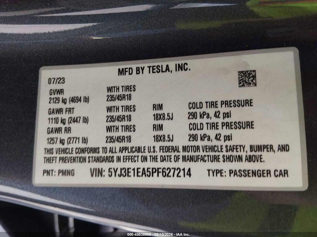 5YJ3E1EA5PF627214 2023 TESLA MODEL 3 photo no. 9