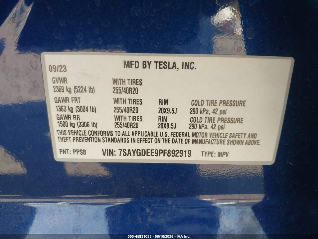 7SAYGDEE9PF892919 2023 TESLA MODEL Y photo no. 9