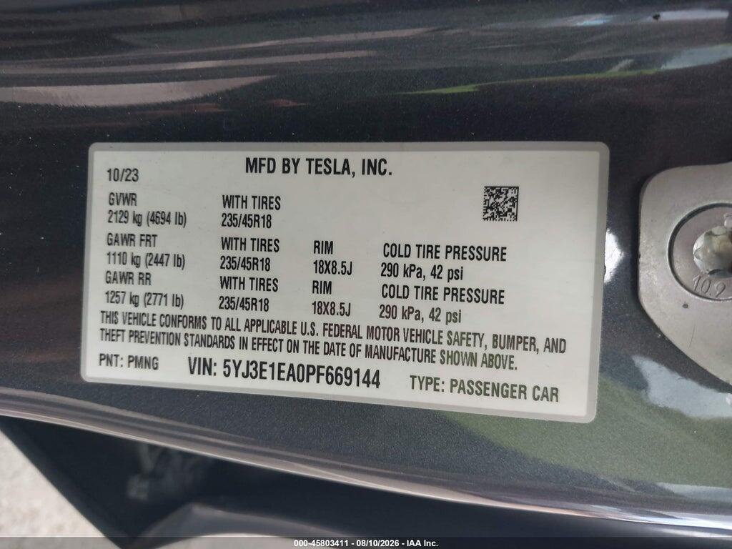 5YJ3E1EA0PF669144 2023 TESLA MODEL 3 photo no. 9