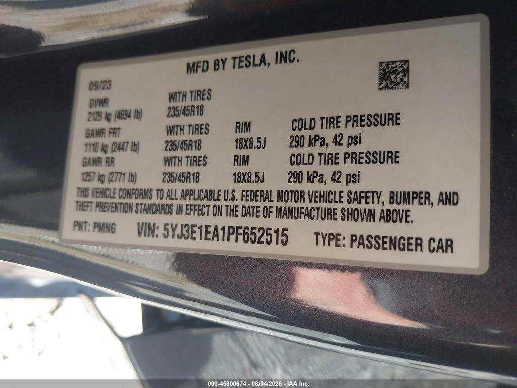 5YJ3E1EA1PF652515 2023 TESLA MODEL 3 photo no. 9