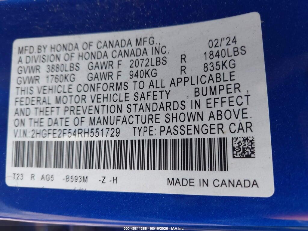 2HGFE2F54RH551729 2024 HONDA CIVIC photo no. 9