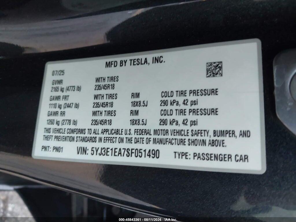 5YJ3E1EA7SF051490 2025 TESLA MODEL 3 photo no. 9