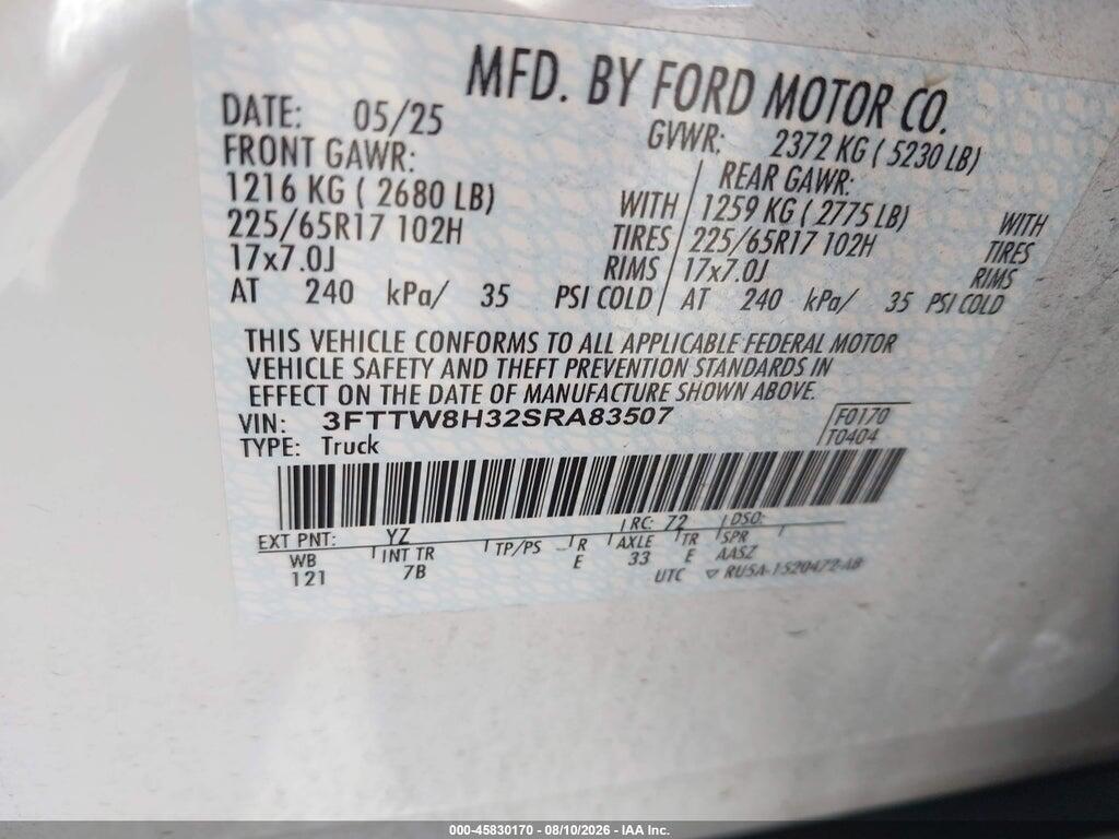 3FTTW8H32SRA83507 2025 FORD MAVERICK photo no. 9