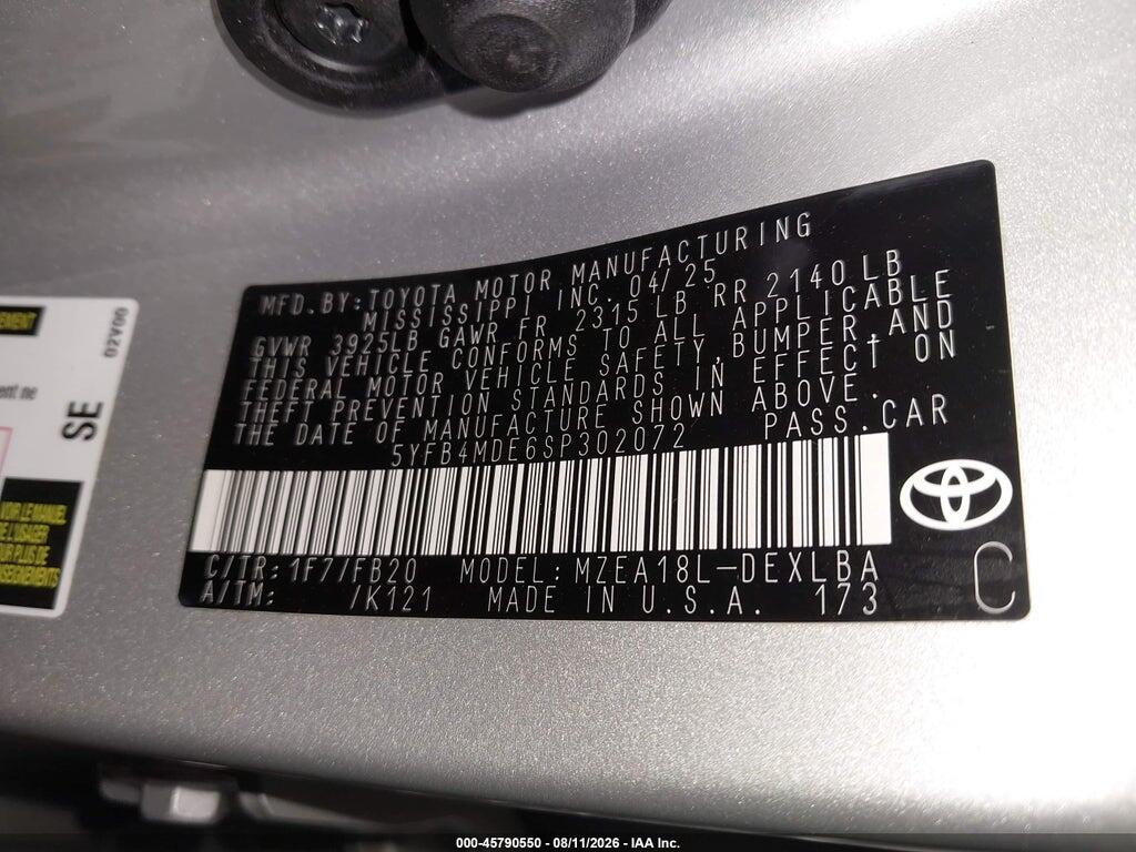 5YFB4MDE6SP302072 2025 TOYOTA COROLLA photo no. 9