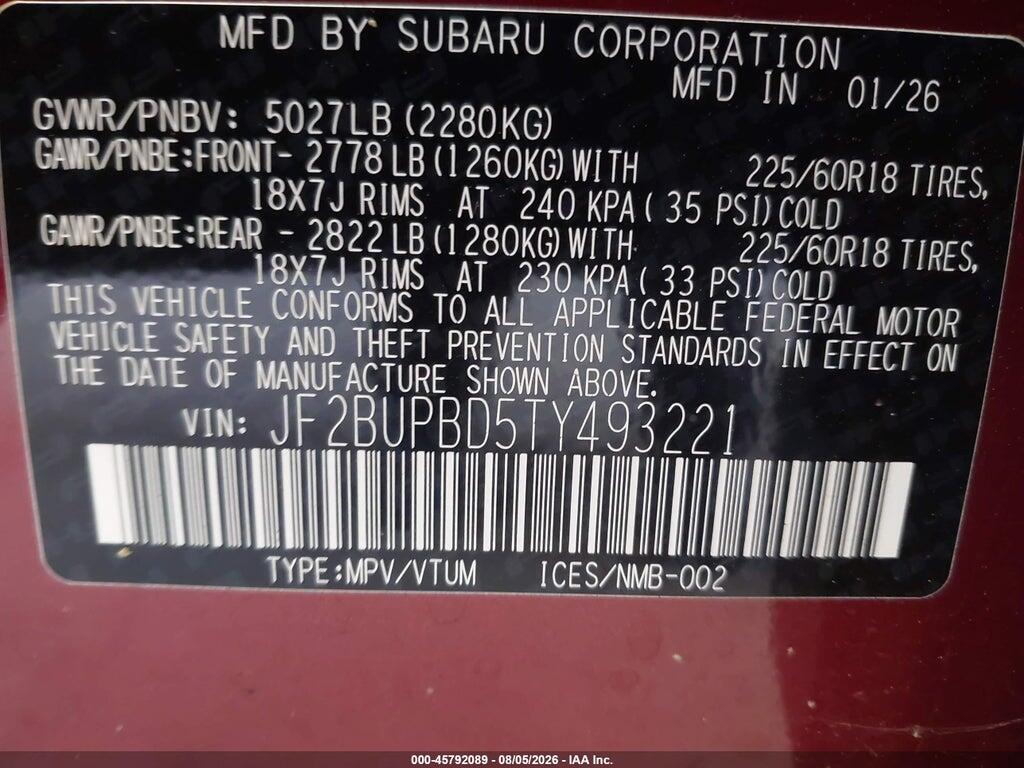JF2BUPBD5TY493221 2026 SUBARU OUTBACK photo no. 9