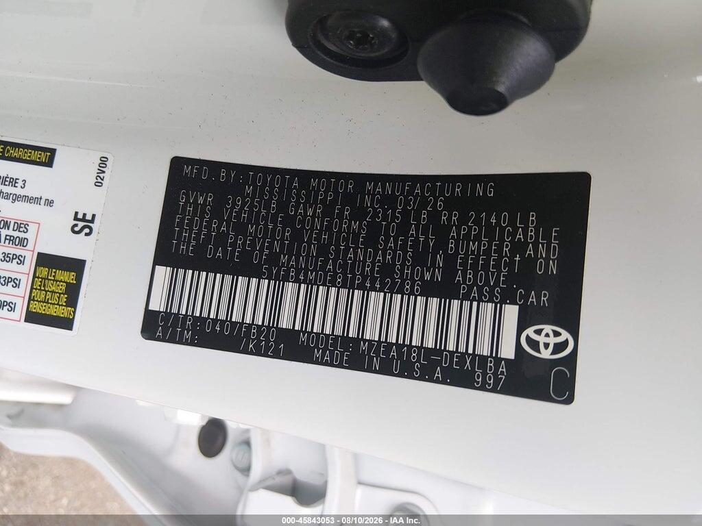 5YFB4MDE8TP442786 2026 TOYOTA COROLLA photo no. 9