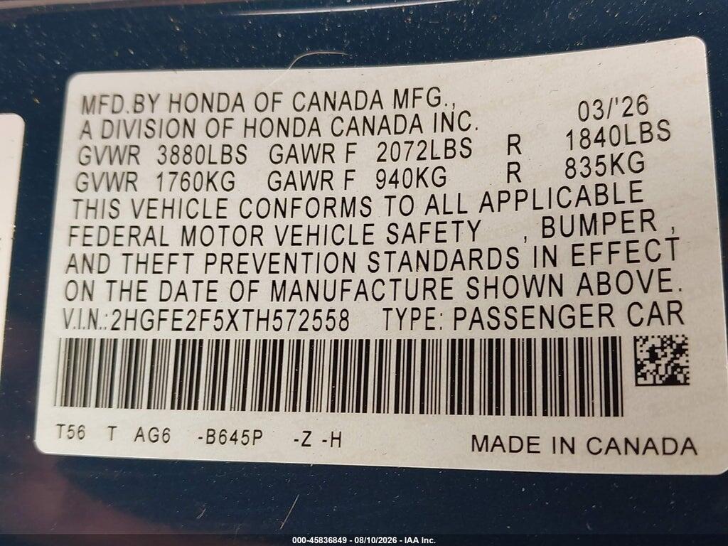 2HGFE2F5XTH572558 2026 HONDA CIVIC photo no. 9
