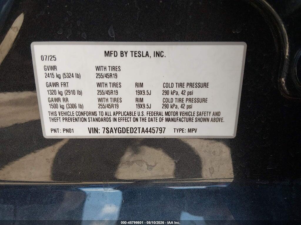 7SAYGDED2TA445797 2026 TESLA MODEL Y photo no. 9