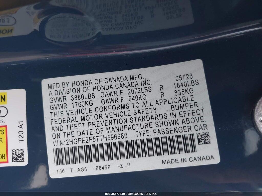 2HGFE2F57TH596980 2026 HONDA CIVIC photo no. 9