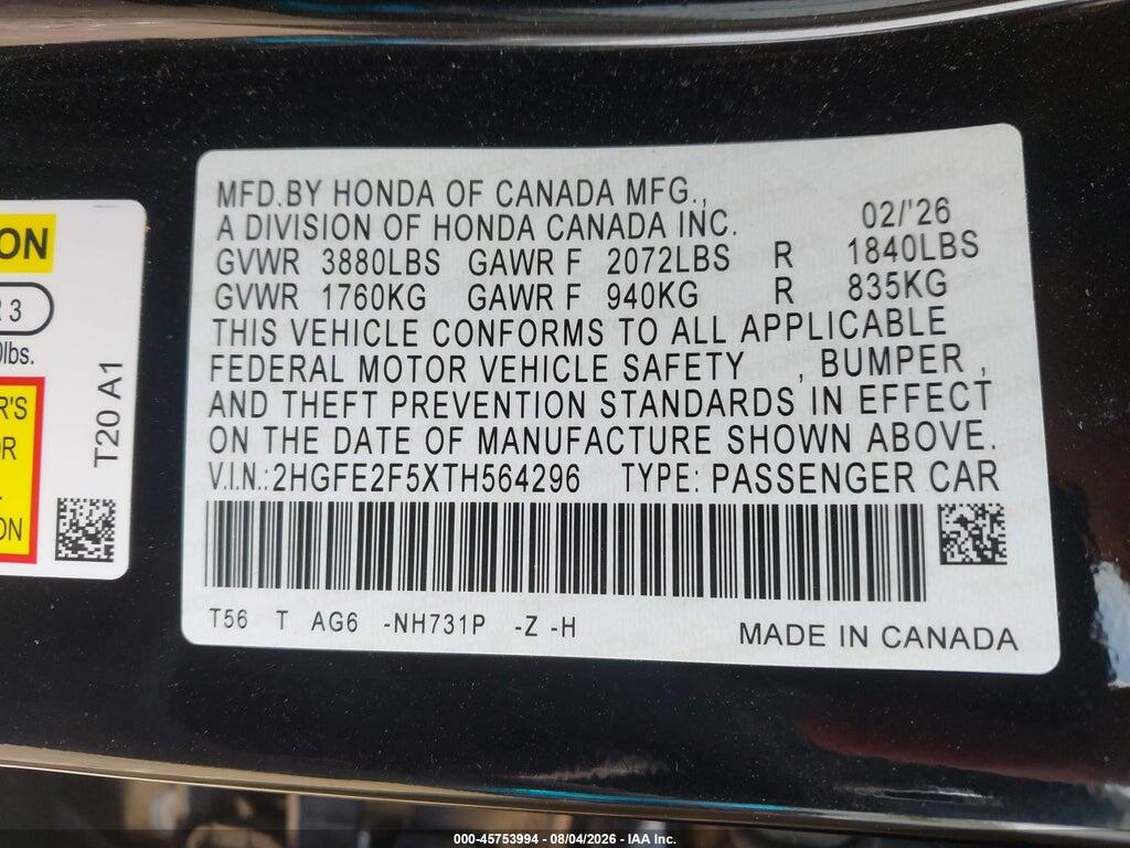 2HGFE2F5XTH564296 2026 HONDA CIVIC photo no. 9