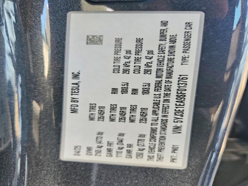5YJ3E1EA9SF013761 2025 TESLA MODEL 3 photo no. 12