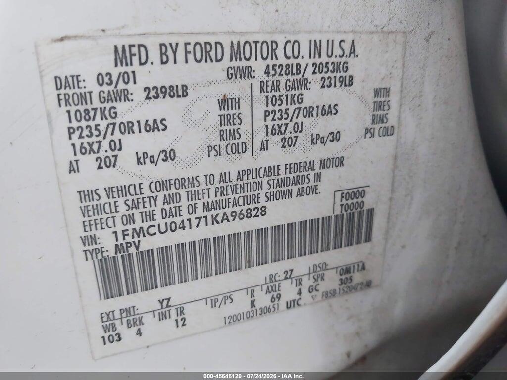 1FMCU04171KA96828 2001 FORD ESCAPE photo no. 9
