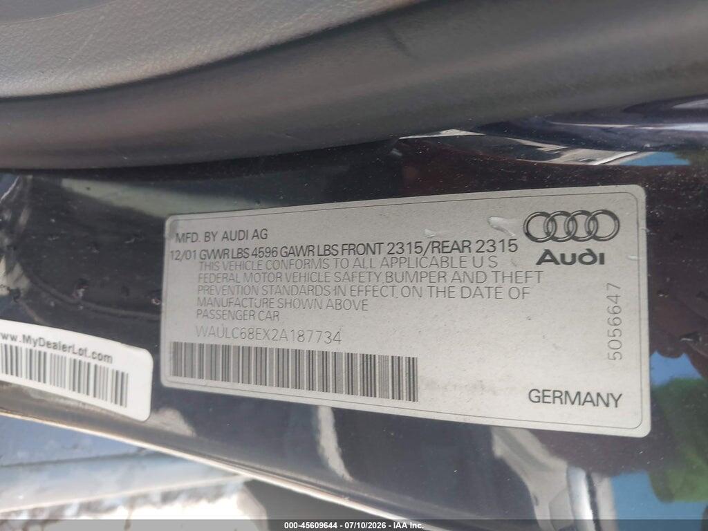 WAULC68EX2A187734 2002 AUDI A4 photo no. 9