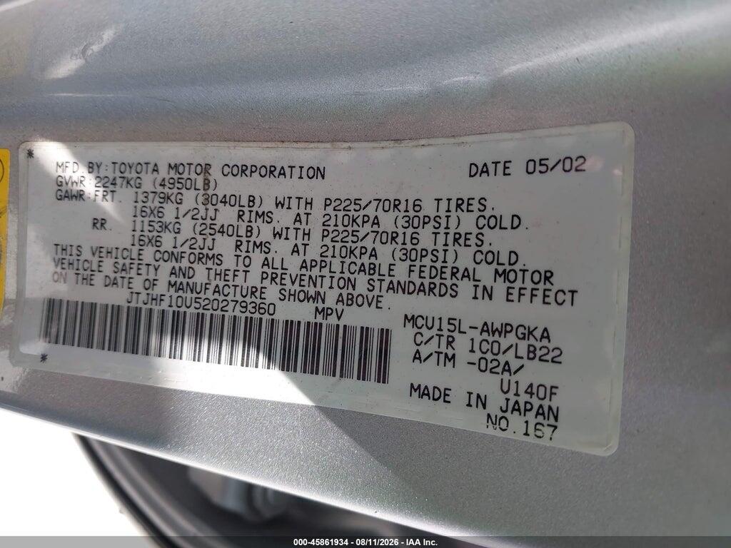 JTJHF10U520279360 2002 LEXUS RX 300 photo no. 9