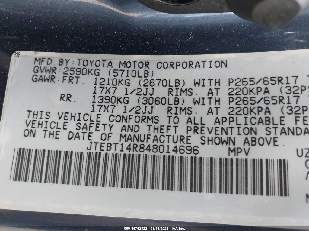 JTEBT14R848014696 2004 TOYOTA 4RUNNER photo no. 9