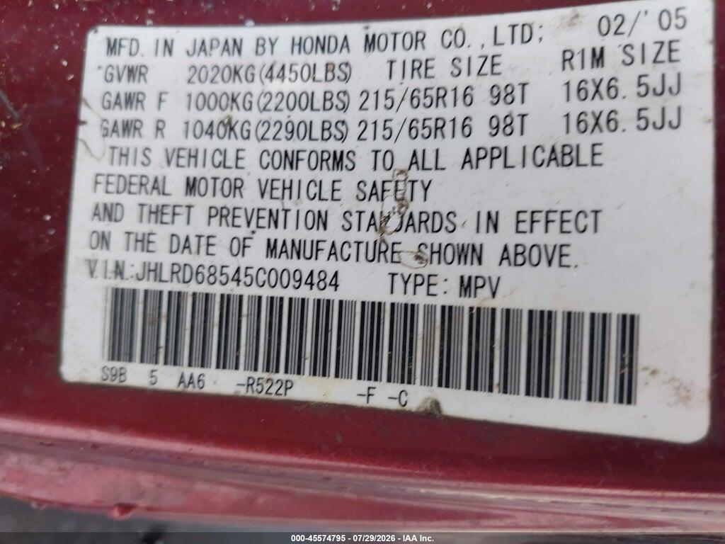 JHLRD68545C009484 2005 HONDA CR-V photo no. 9
