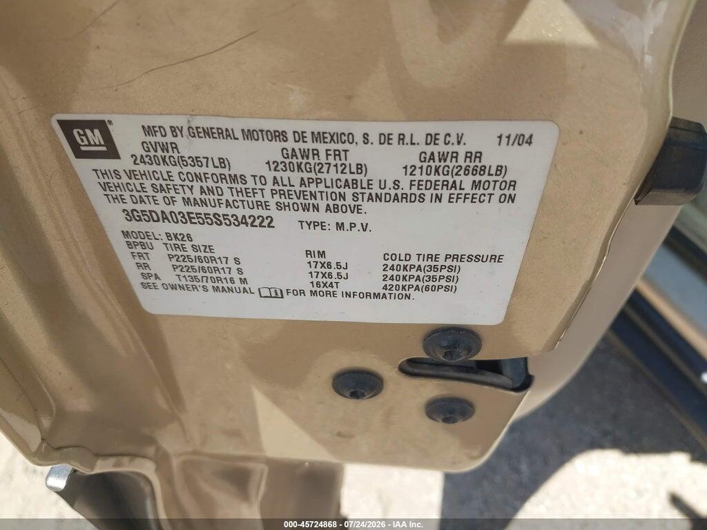 3G5DA03E55S534222 2005 BUICK RENDEZVOUS photo no. 9