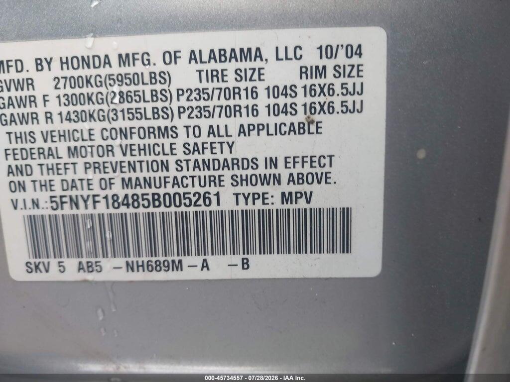 5FNYF18485B005261 2005 HONDA PILOT photo no. 9