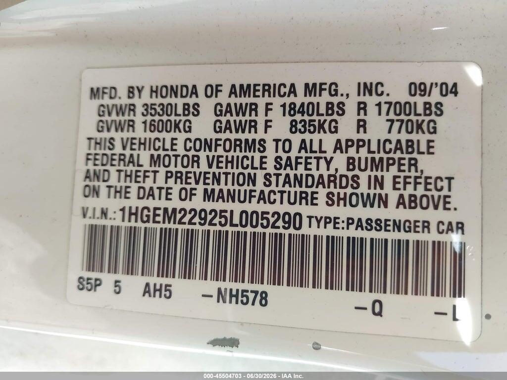 1HGEM22925L005290 2005 HONDA CIVIC photo no. 9