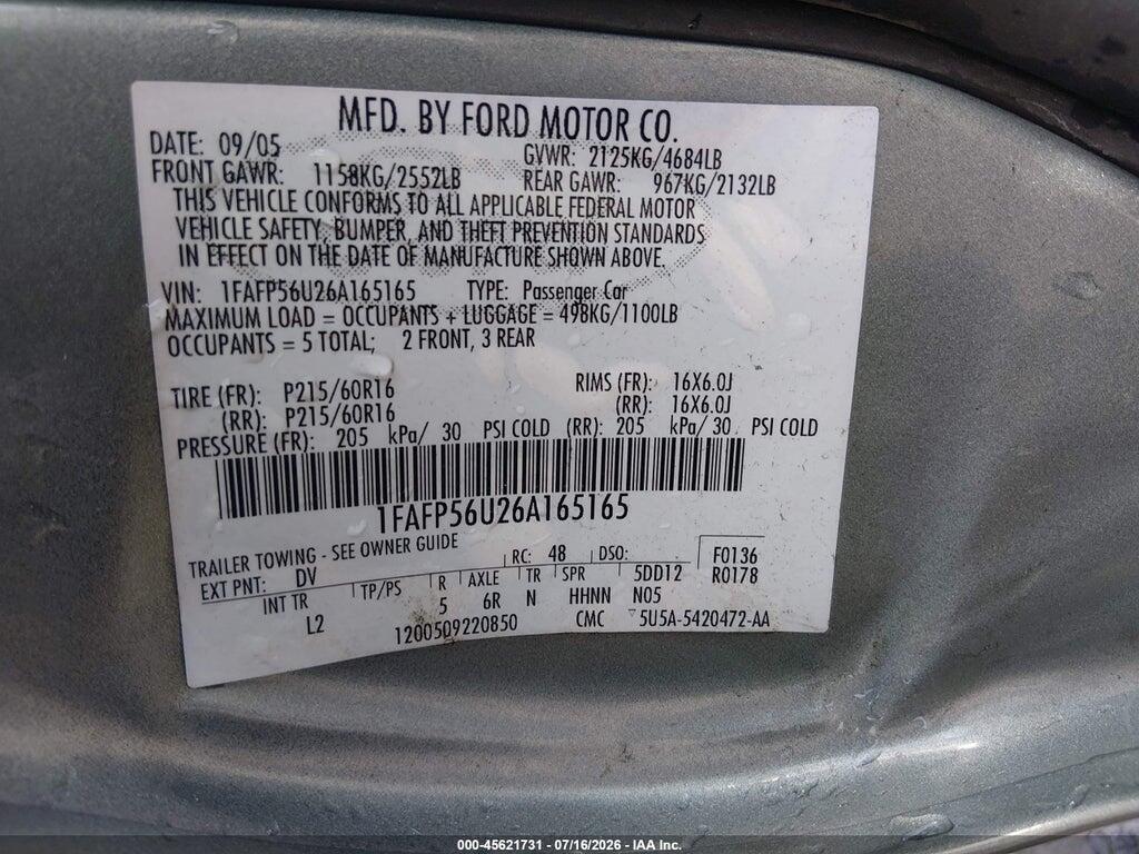 1FAFP56U26A165165 2006 FORD TAURUS photo no. 9