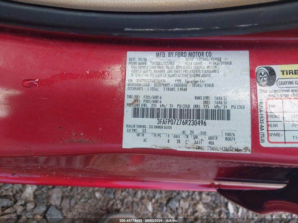 3FAFP07Z76R230496 2006 FORD FUSION photo no. 9