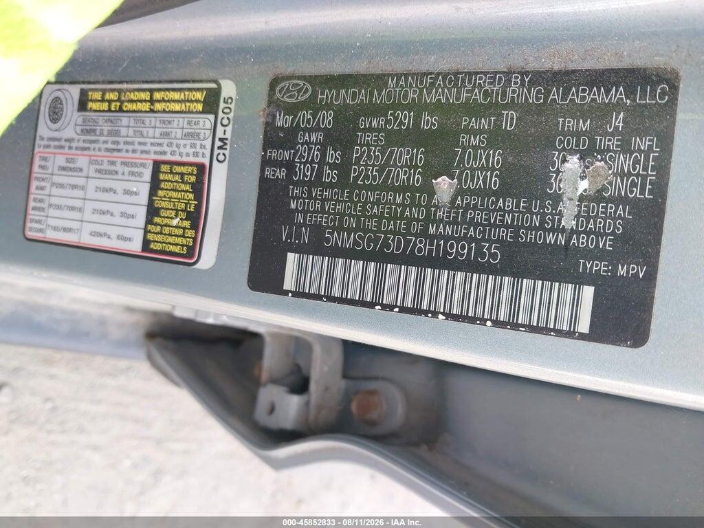 5NMSG73D78H199135 2008 HYUNDAI SANTA FE photo no. 9