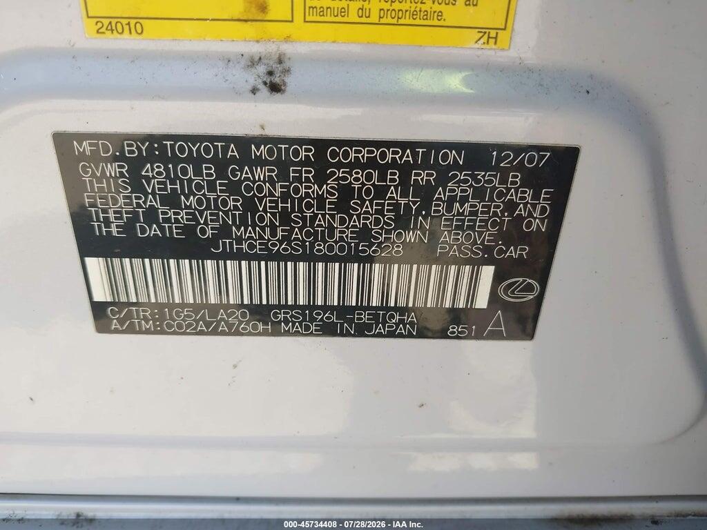 JTHCE96S180015628 2008 LEXUS GS 350 photo no. 9