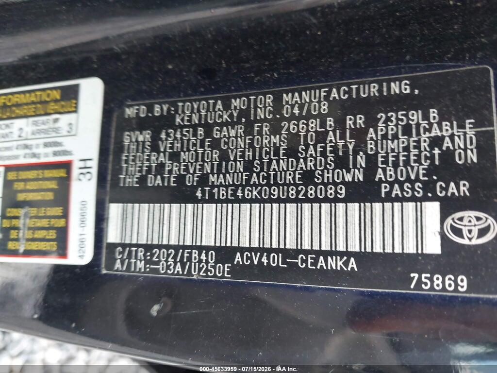 4T1BE46K09U828089 2009 TOYOTA CAMRY photo no. 9