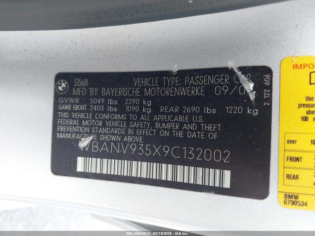 WBANV935X9C132002 2009 BMW 535I photo no. 9
