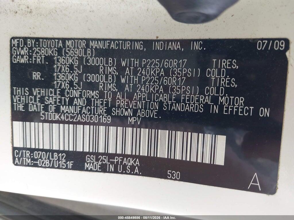 5TDDK4CC2AS030169 2010 TOYOTA SIENNA photo no. 9