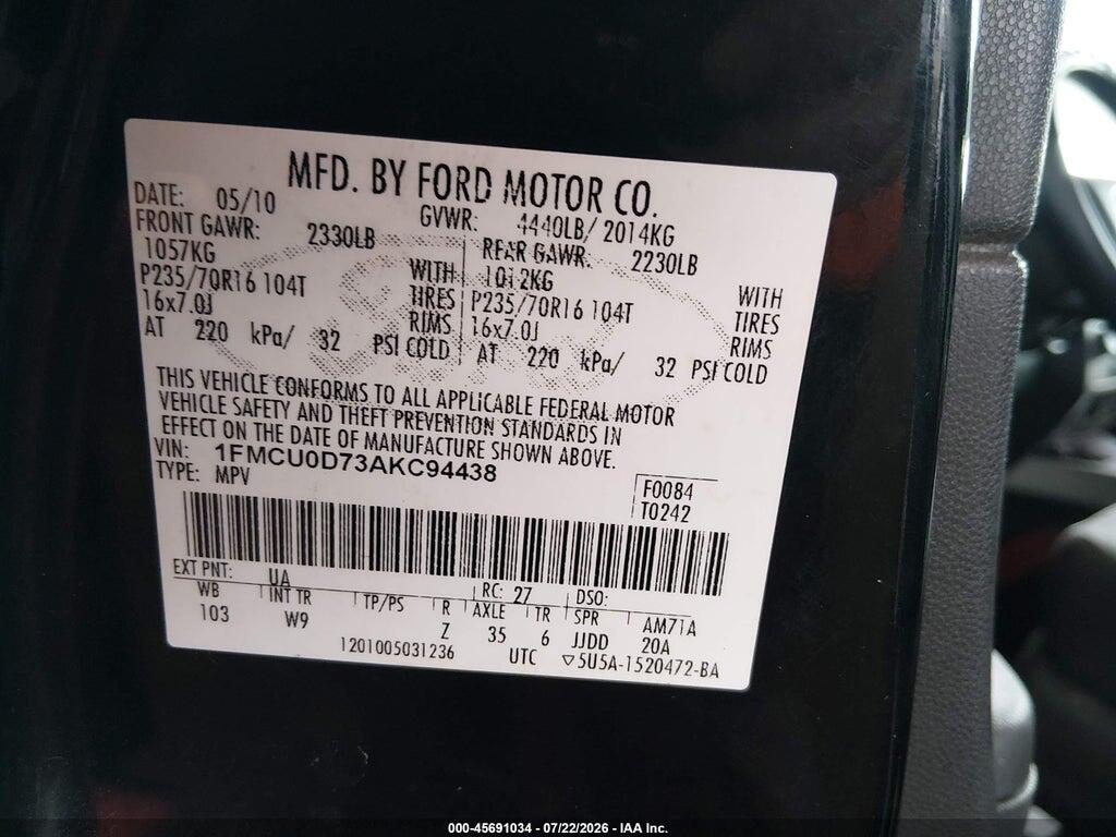 1FMCU0D73AKC94438 2010 FORD ESCAPE photo no. 8