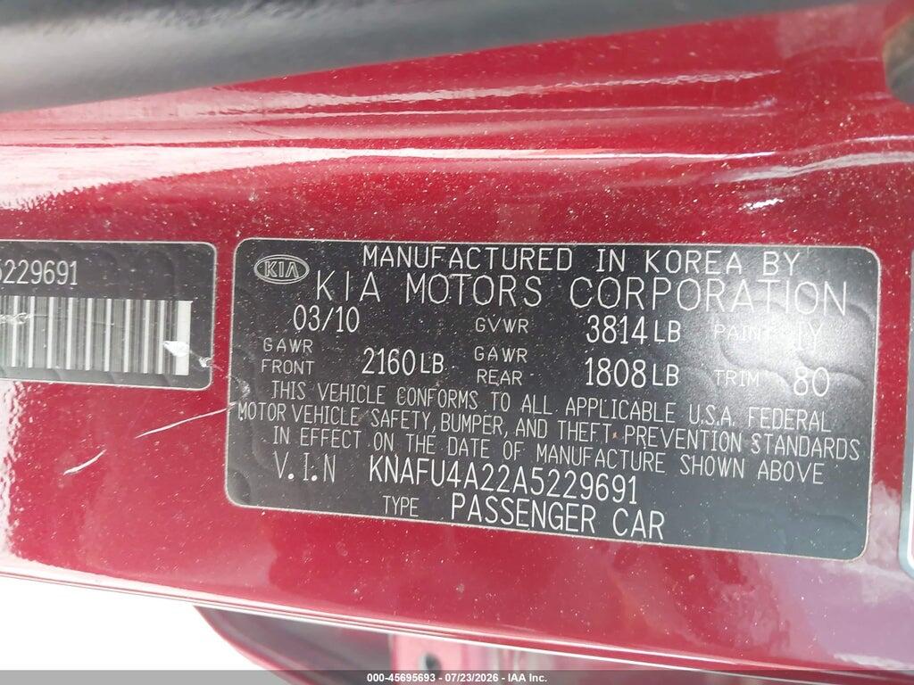 KNAFU4A22A5229691 2010 KIA FORTE photo no. 9