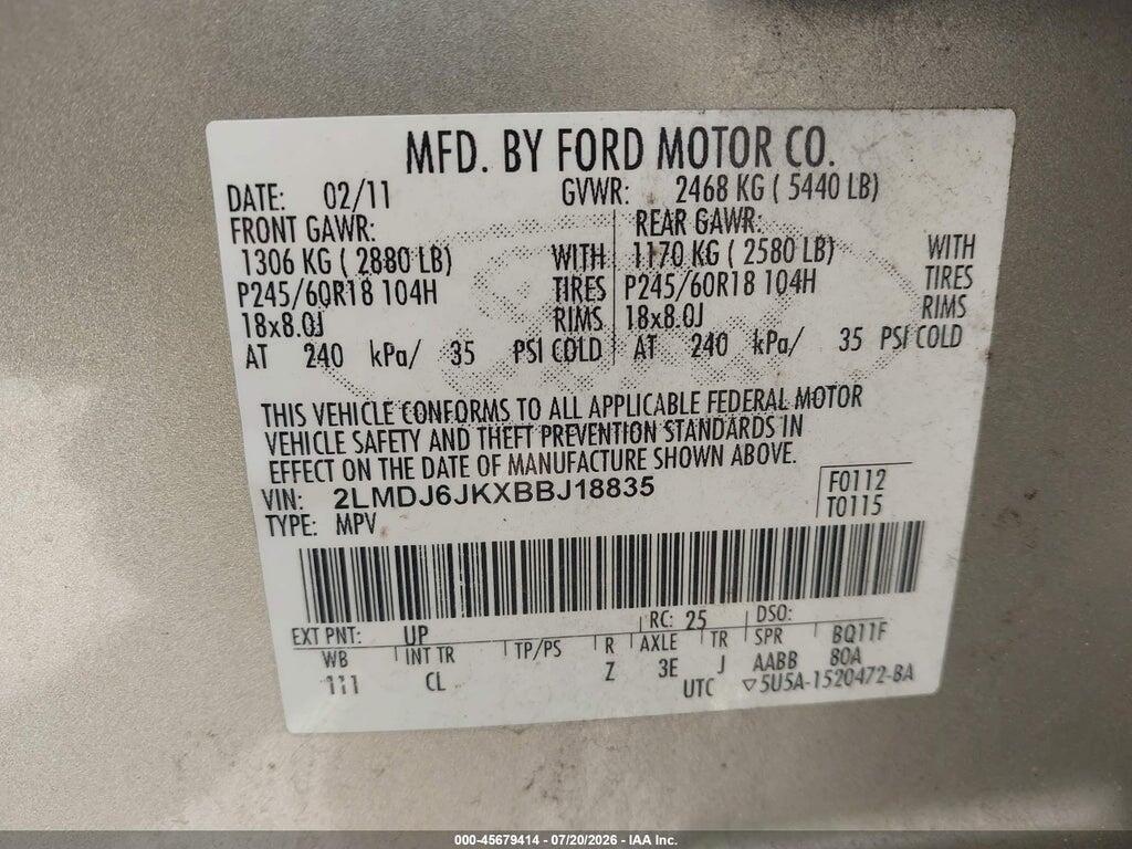 2LMDJ6JKXBBJ18835 2011 LINCOLN MKX photo no. 9