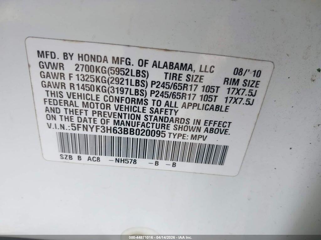5FNYF3H63BB020095 2011 HONDA PILOT photo no. 9
