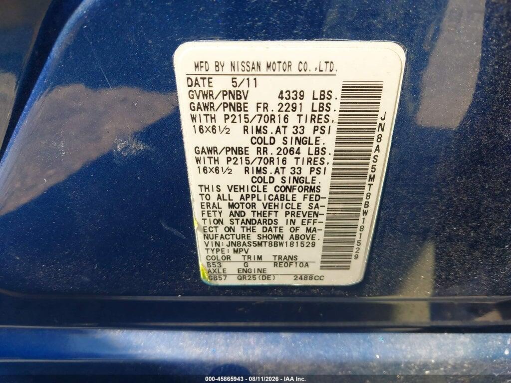 JN8AS5MT8BW181529 2011 NISSAN ROGUE photo no. 9